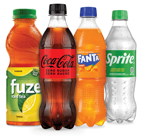 Four bottles of Fuze, Coca-Cola® Zero Sugar, Fanta®, and Sprite®